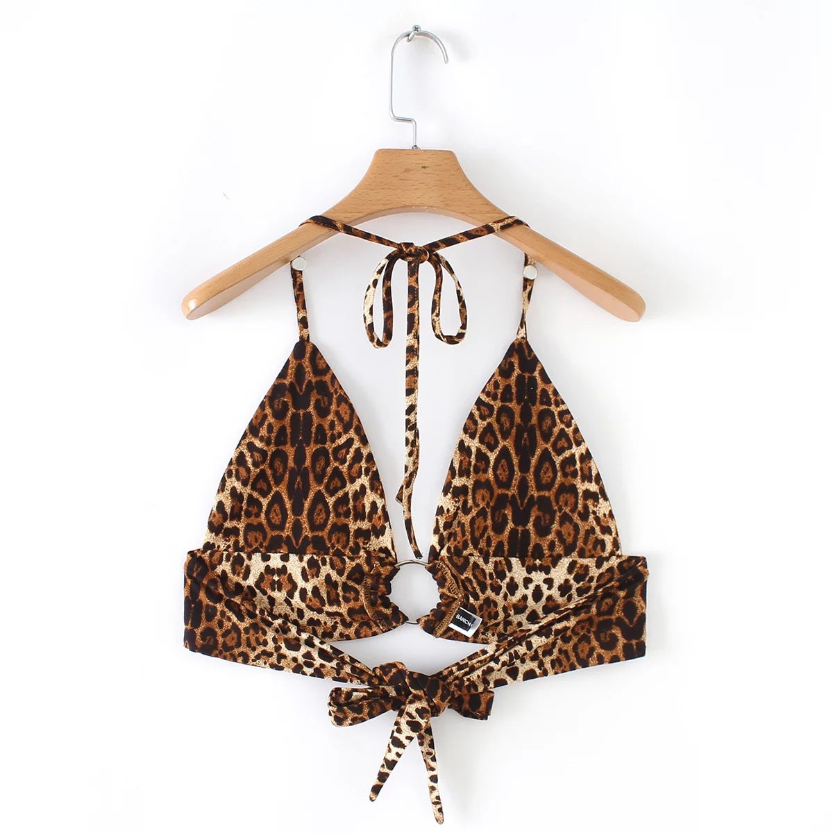 Spring and summer new short bodice European and American leopard sexy hanging neck strap ring navel bikini