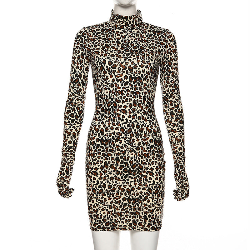 Leopardenmuster Ärmel Langes Fingerkleid