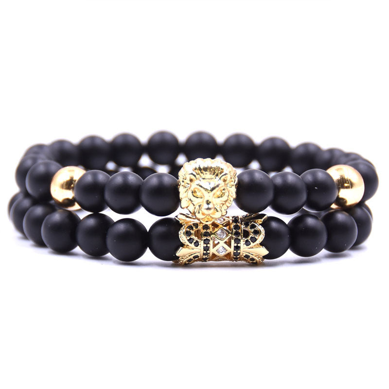 2 Stück Set von Beast King Lion Head Armband schwarz natürlichen matten Micro-inlaid Zirkon Paar Armband Set Herrenschmuck
