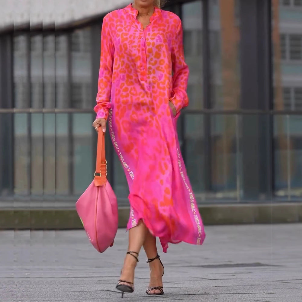 European And American Printed Long Sleeve V-neck Leopard Print Split Pocket Dress