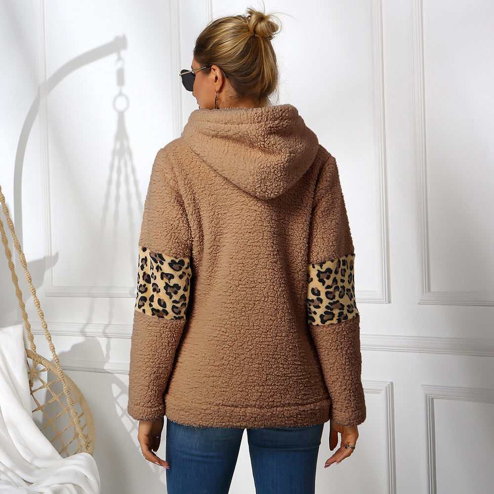 Women's Double-sided Fleece Hooded Leopard Print Stitching Sweater