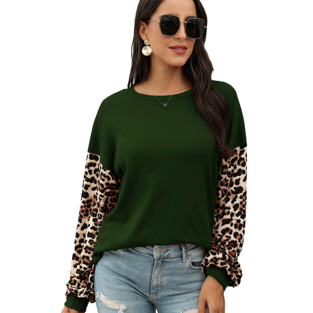 Rundhalsausschnitt Leopard Print Nähte T-Shirt Sweatshirt