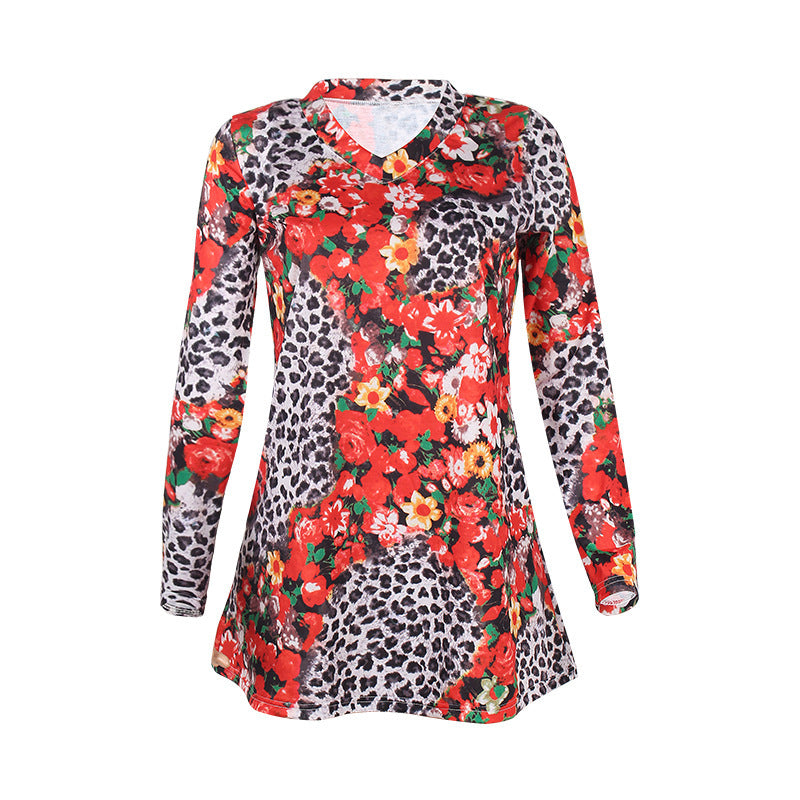 Langärmeliges Kleid mit Leopardenmuster und Kontrastdruck