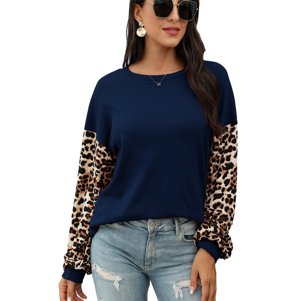 Rundhalsausschnitt Leopard Print Nähte T-Shirt Sweatshirt