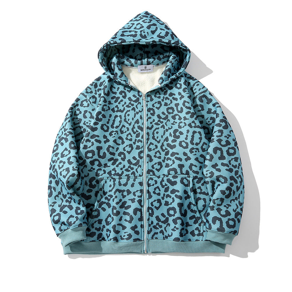 Leopard gedruckt Fleece Strickjacke Pullover Jacke lose dicke Hoodie Jacke