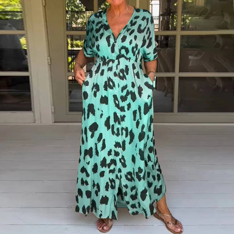 Sexy langes Kleid mit V-Ausschnitt und Knopfleiste