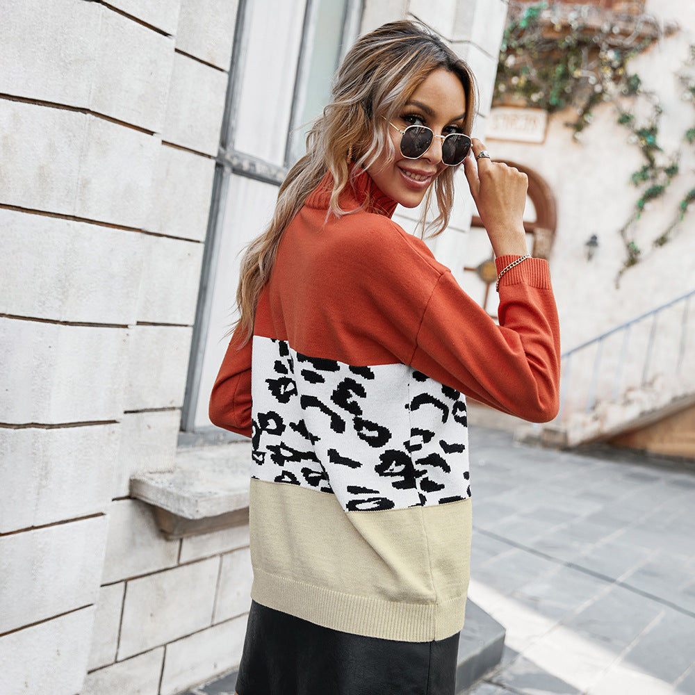 Women's Contrast Color Leopard Print Turtleneck Sweater