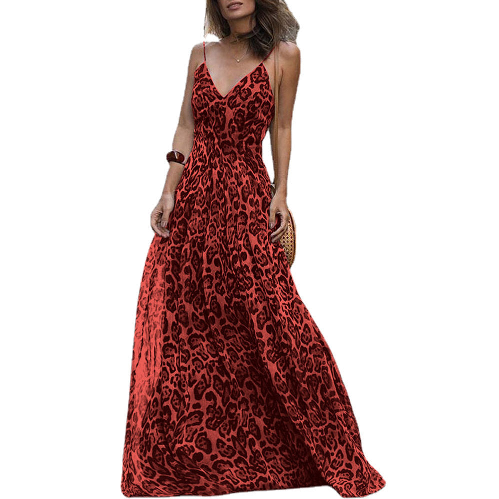 New Style Women's European And American Fashion Leopard Print V-neck Backless Dress With Suspenders