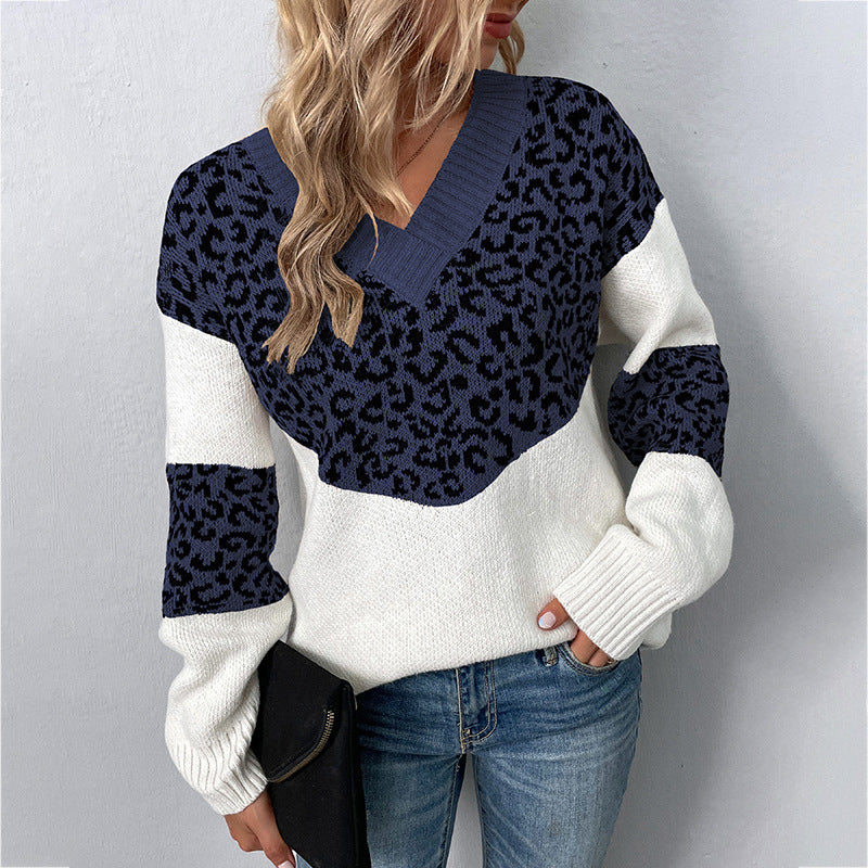 Fur Rain V-neck Pullover Contrast Color Leopard Print Sweater