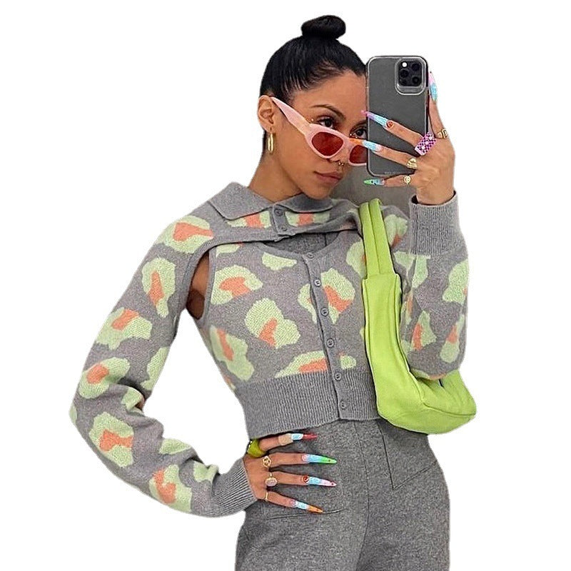 Long Sleeve Blouse Two-piece Sexy Lapel Leopard Print