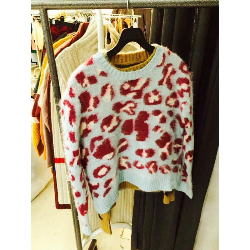 Refined Stylish And Versatile Warm Thick Leopard Print Pullover Sweater