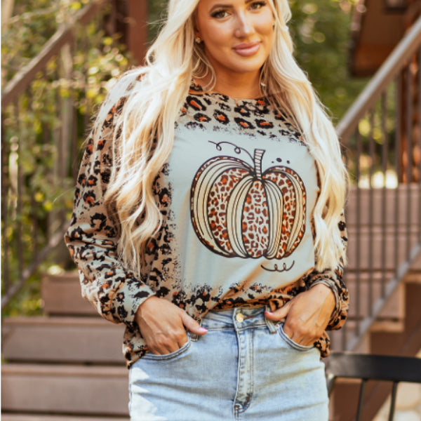 Brown Bleached Halloween Pumpkin Leopard Print Sweatshirt Sweater