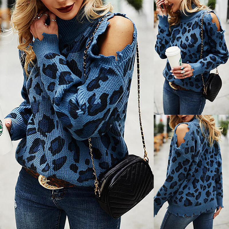 Leopard Print Long-Sleeved Casual Loose Knit Sweater