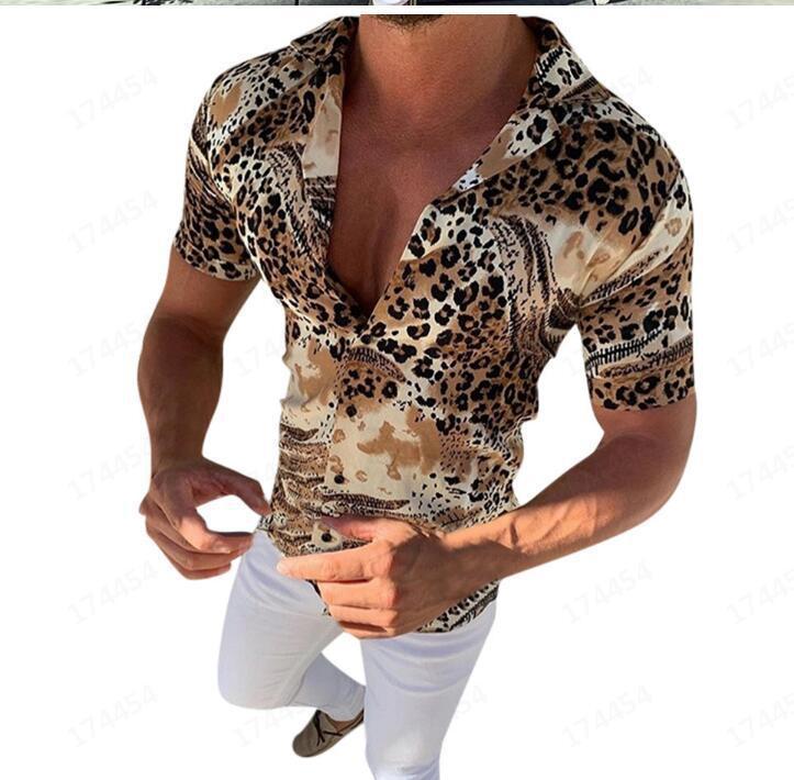 Neue Leopard Print Sexy Männer Anzug Kragen Kurzarmhemd