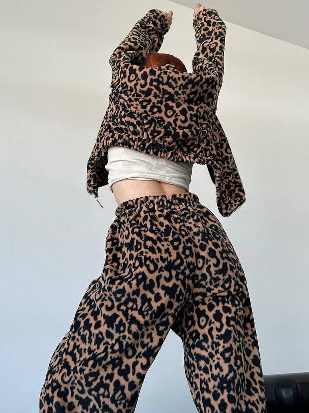 Damenmode Lose Leopard Print Zipper Pullover Anzug