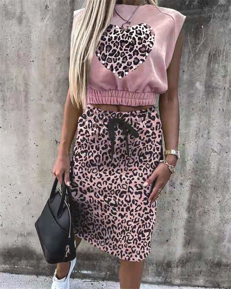 Leoparden Druck Ärmelloses Top Kleid Zweiteiliges T-Shirt