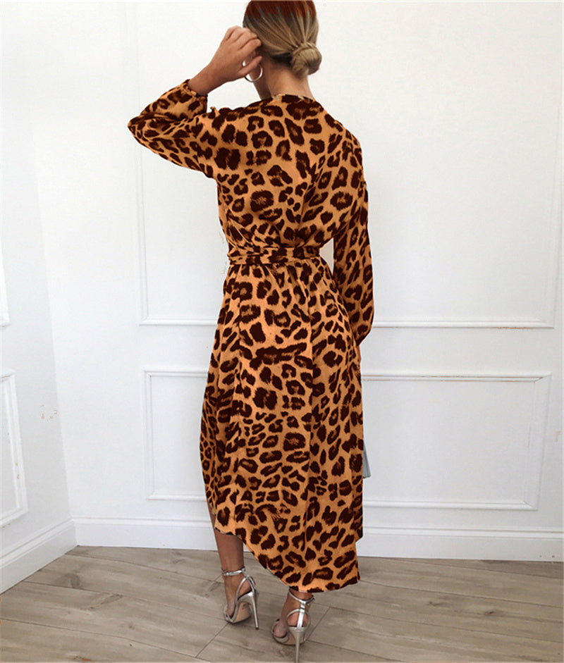 Leopardenmuster Kleid mit V-Ausschnitt und hoher Taille aus Spitze
