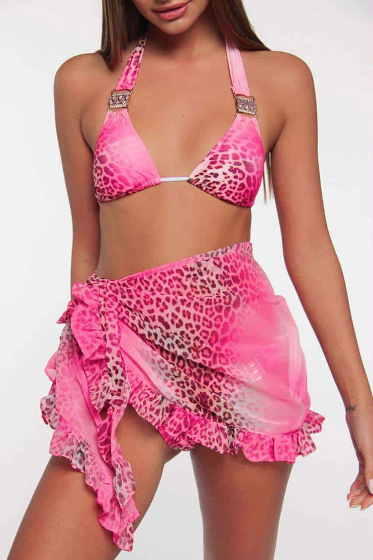 Pink Leopard Print Sexy Split Swimsuit