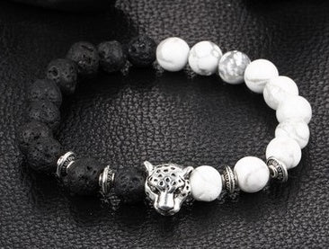 Leopard Round Bead Armband Herrenarmband Perlen Vulkanstein
