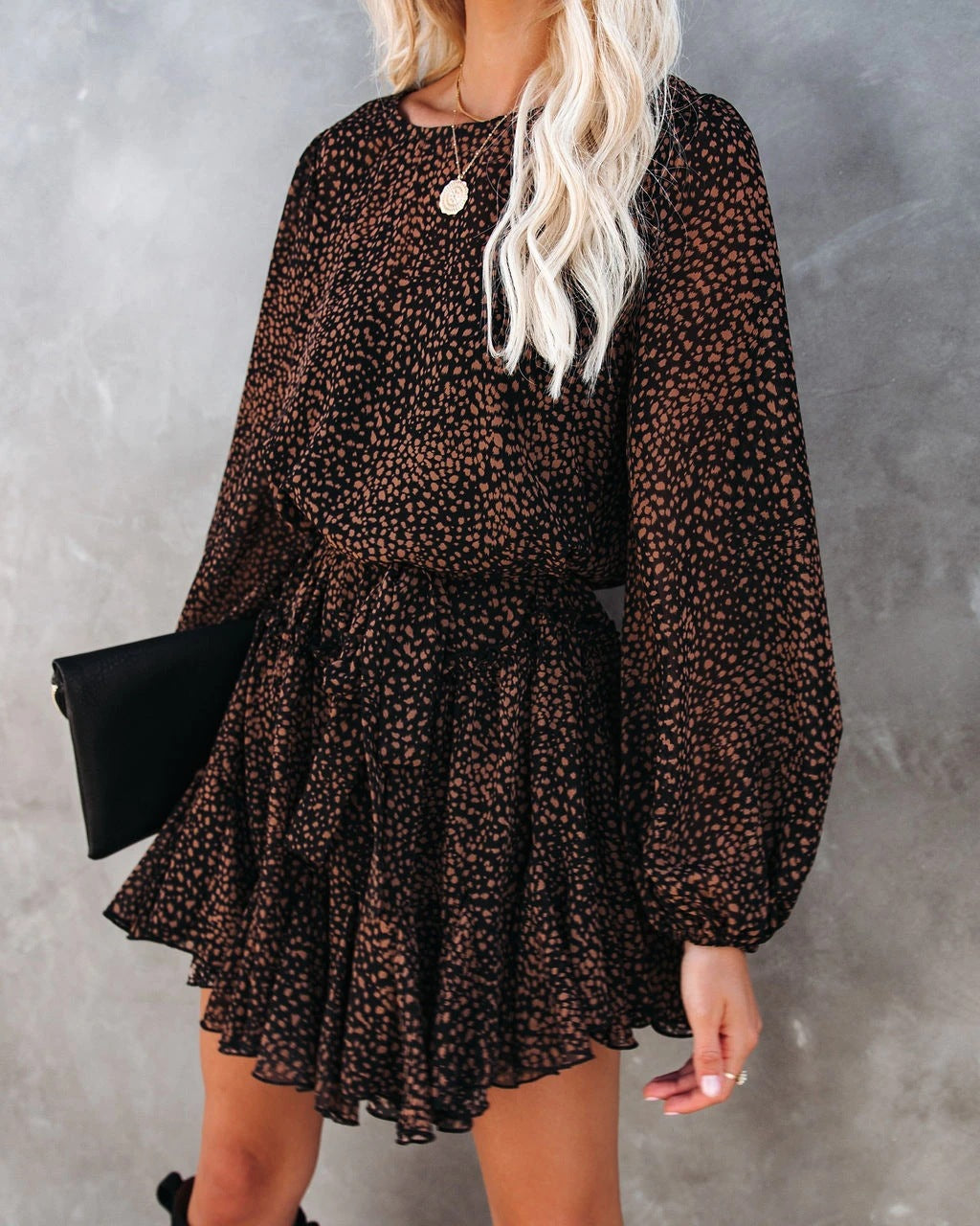 Women's New Leopard Round Neck Long Sleeve Ruffle Skirt Dress
