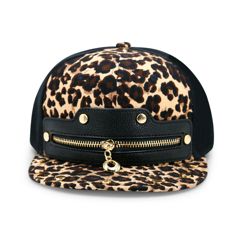 Hip-Hop Leopard Print Reißverschluss Leder flache Krempe Hut