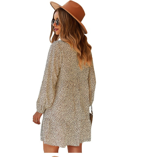 Autumn And Winter New Women's Dress Leopard Print Long Sleeve Sexy Loose A- Line Skirt