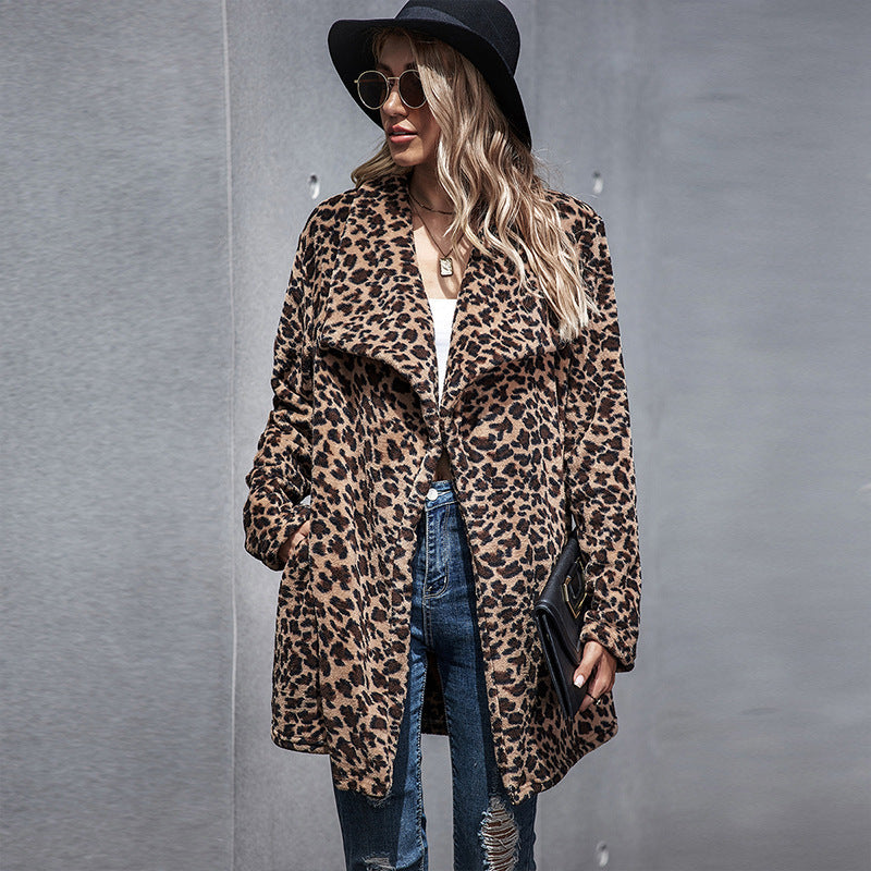 Women's long-sleeved faux fur leopard print casual coat