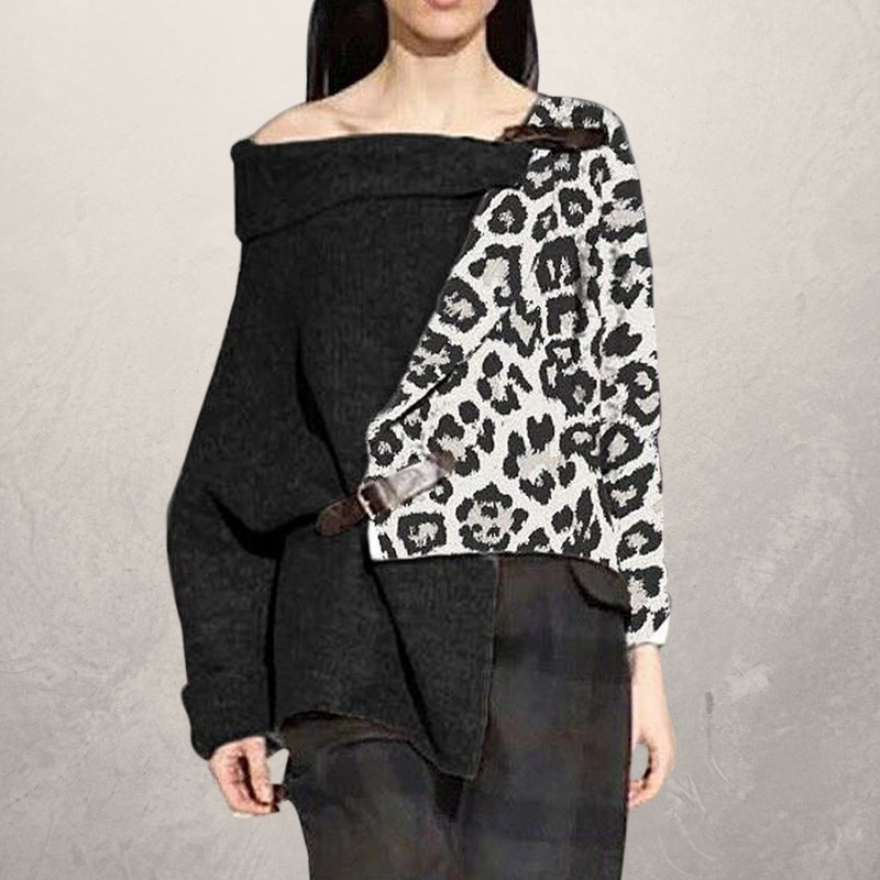 Leopard Print Stitching Irregular Sweater