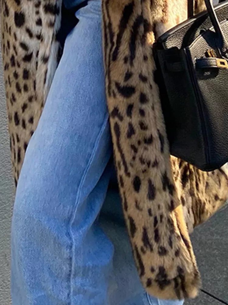 Damenmode Leopardenmuster Anzugkragen Pelzmantel
