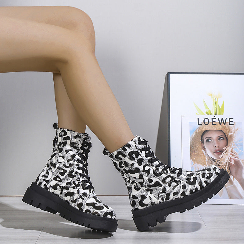 Frauen Martin Stiefel Schwarz Weiß Leopard Print Niedrig Heel Schuhe Cowgirl Stiefel