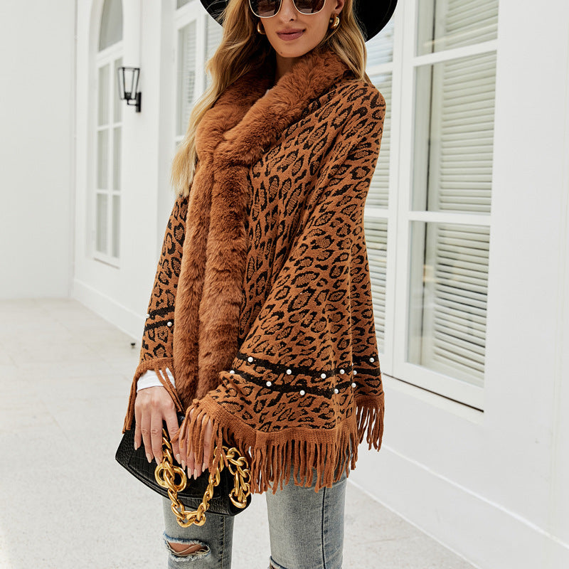 Women's Fringed Warm Leopard Print Fur Collar Coat