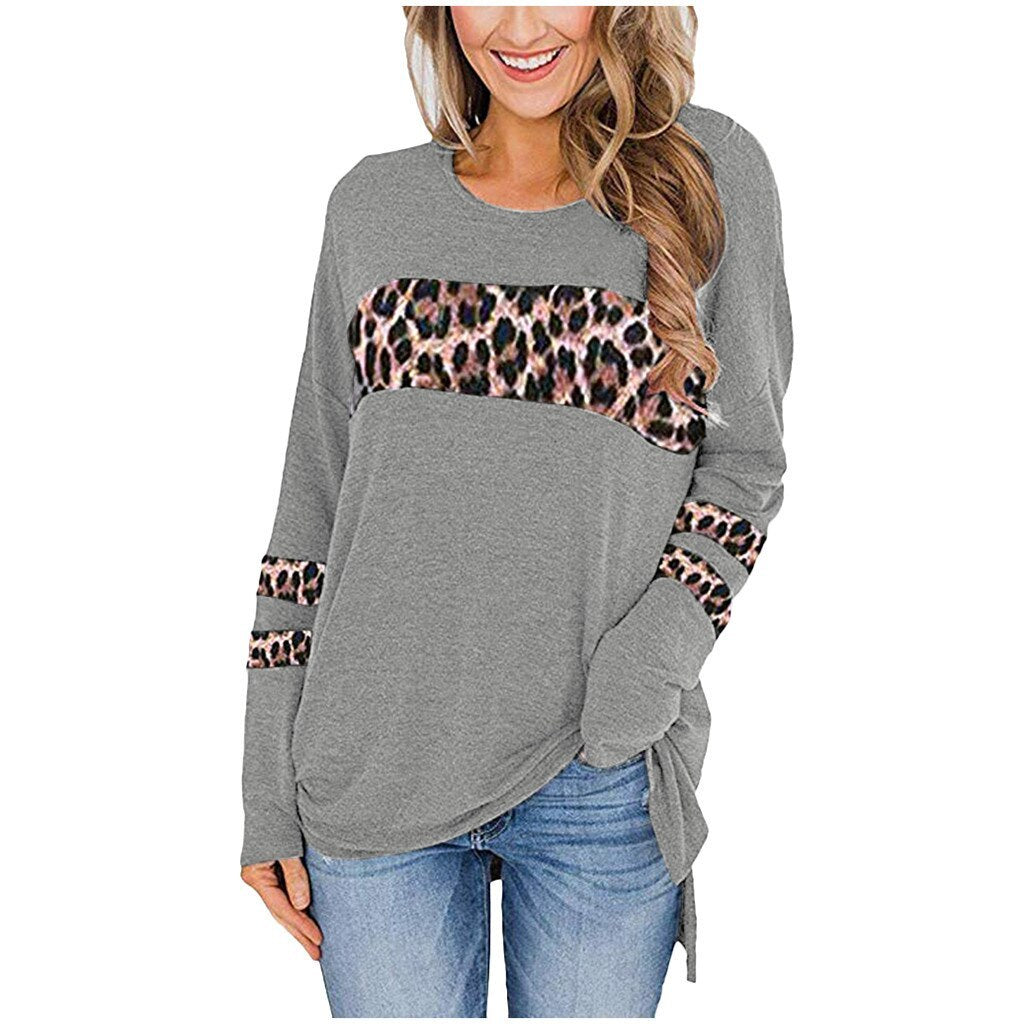 Herbstliches europäisches und amerikanisches T-Shirt mit Leopard print aufgenäht