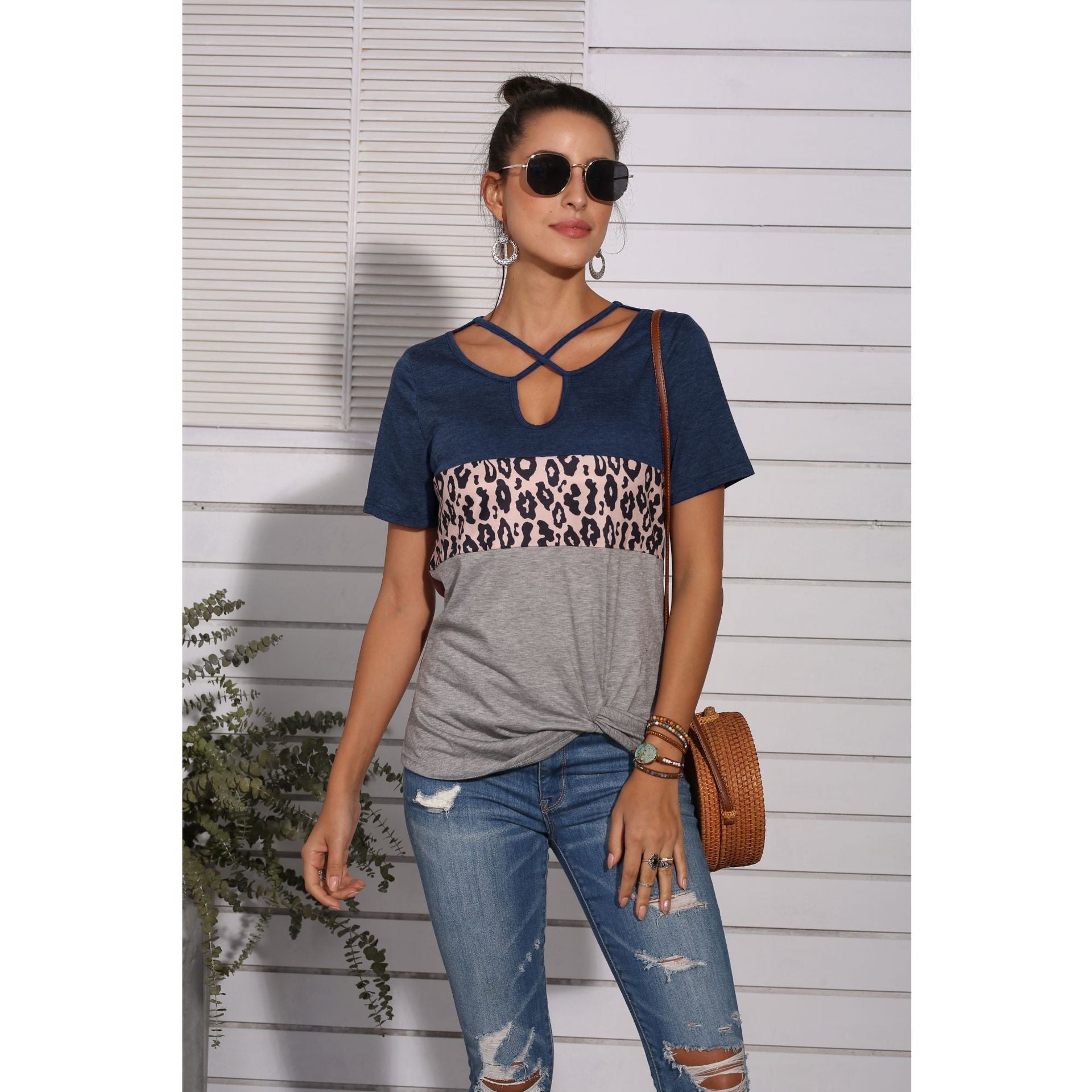 Leopard stitching cross strap short sleeve