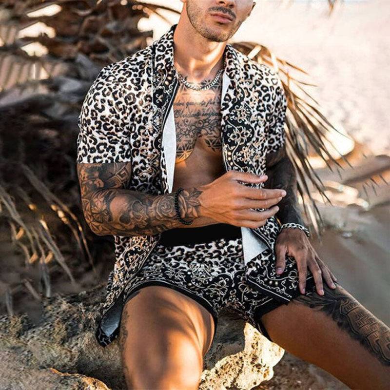 Herren Leopard Print Mode Kurzarm Shirt Strand