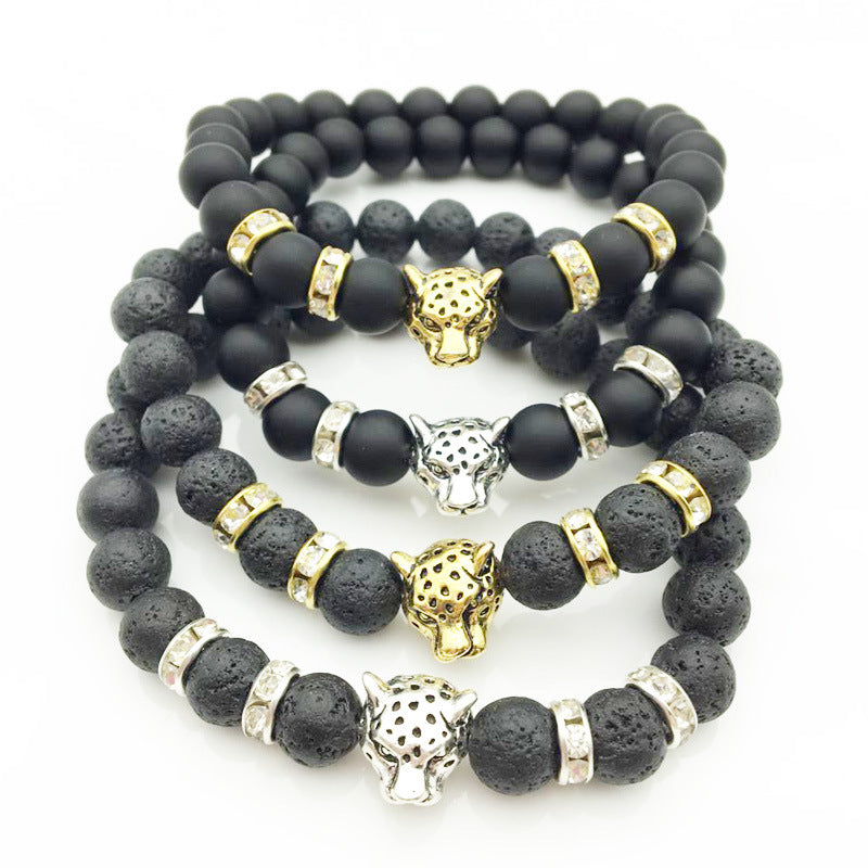 8mm Naturstein Lava Stein Perlen Armband für Männer Leopard Kopf Leopard Anhänger Charme Armband handgemachten Schmuck