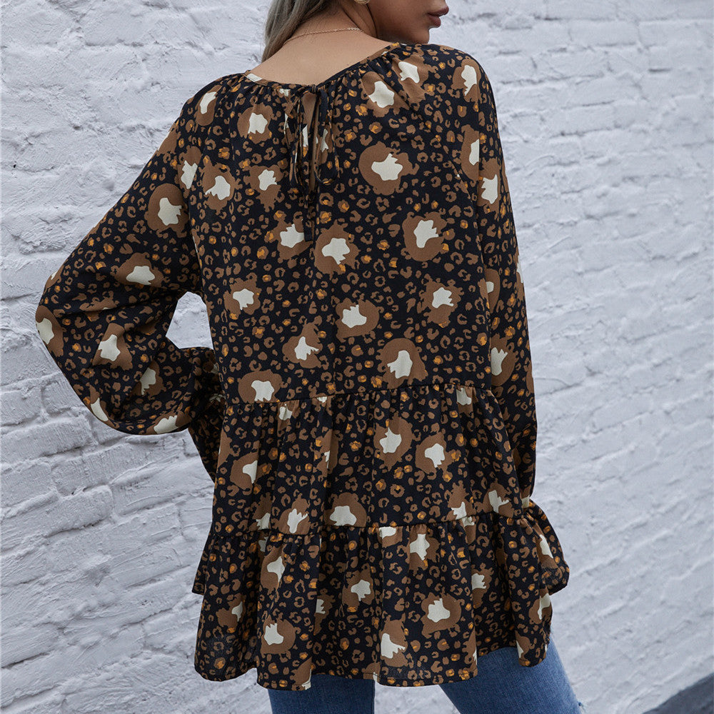 Women's Fashion Loose Flare Sleeve Tie-neck Leopard-print Shirt