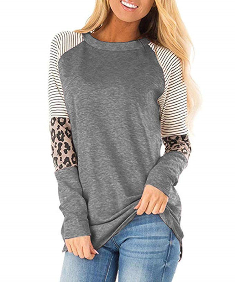 Langärmeliges Paneel Leopard style Lässiges T Shirt Top
