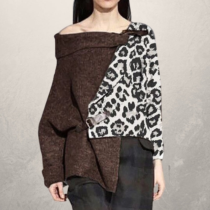 Leopard Print Stitching Irregular Sweater