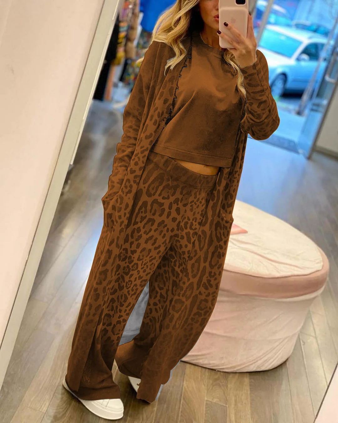 Leopard Print Langarm Strickjacke Jacke Hose Anzug Frauen