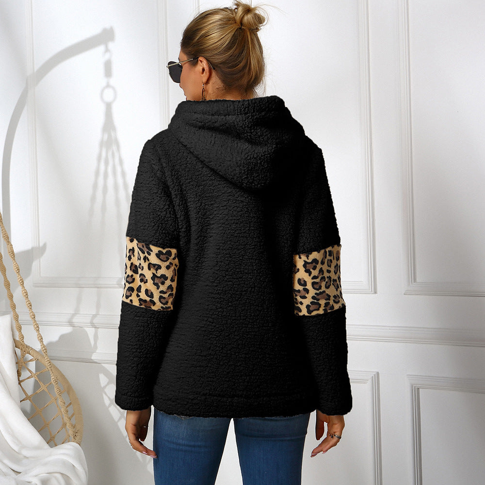 Women's Double-sided Fleece Hooded Leopard Print Stitching Sweater