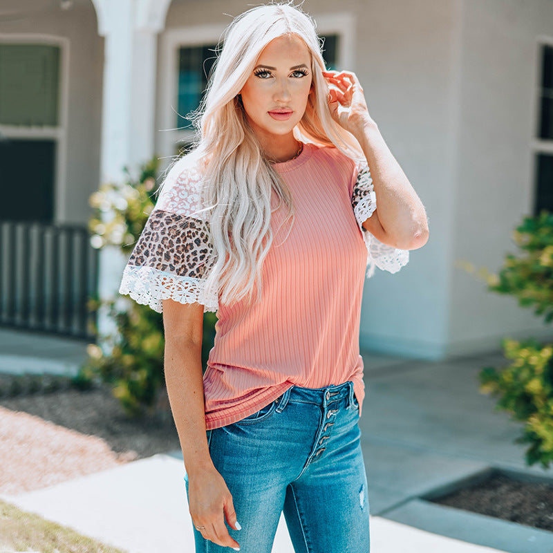 Rundhalsausschnitt Halbe Ärmel Lose Top Sommer Neue Mode T-Shirt mit Leopard style elements und Spitze