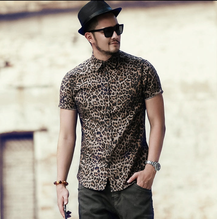 Leopard print Herren Freizeithemd Typ Herren schlank kurzärmeliges Hemd Flut Herren halbe Ärmel Blume Hemd