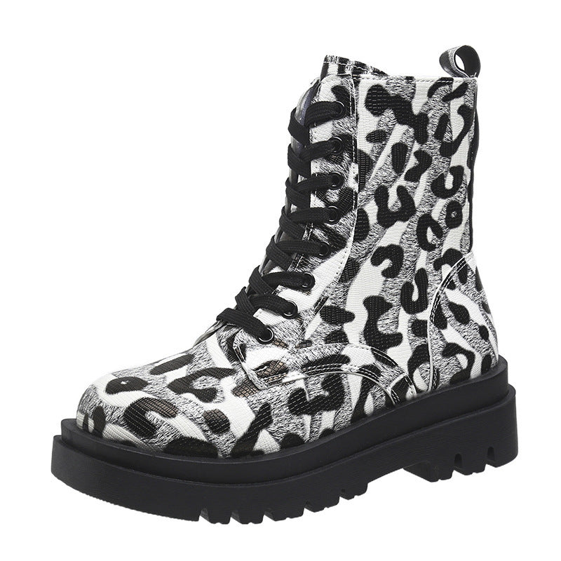 Frauen Martin Stiefel Schwarz Weiß Leopard Print Niedrig Heel Schuhe Cowgirl Stiefel