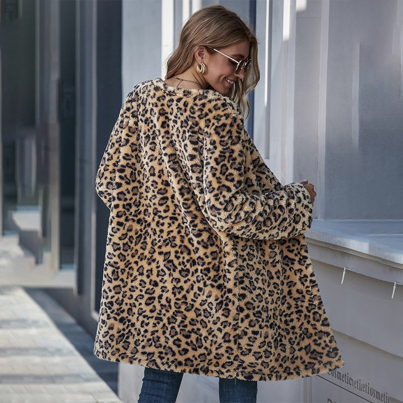 Ladies Leopard Print Open-front id-length coat