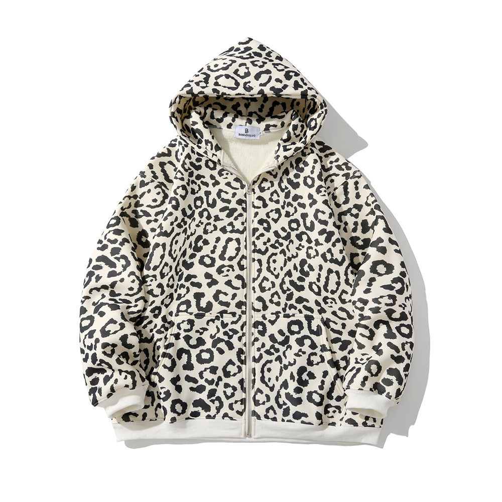 Leopard gedruckt Fleece Strickjacke Pullover Jacke lose dicke Hoodie Jacke