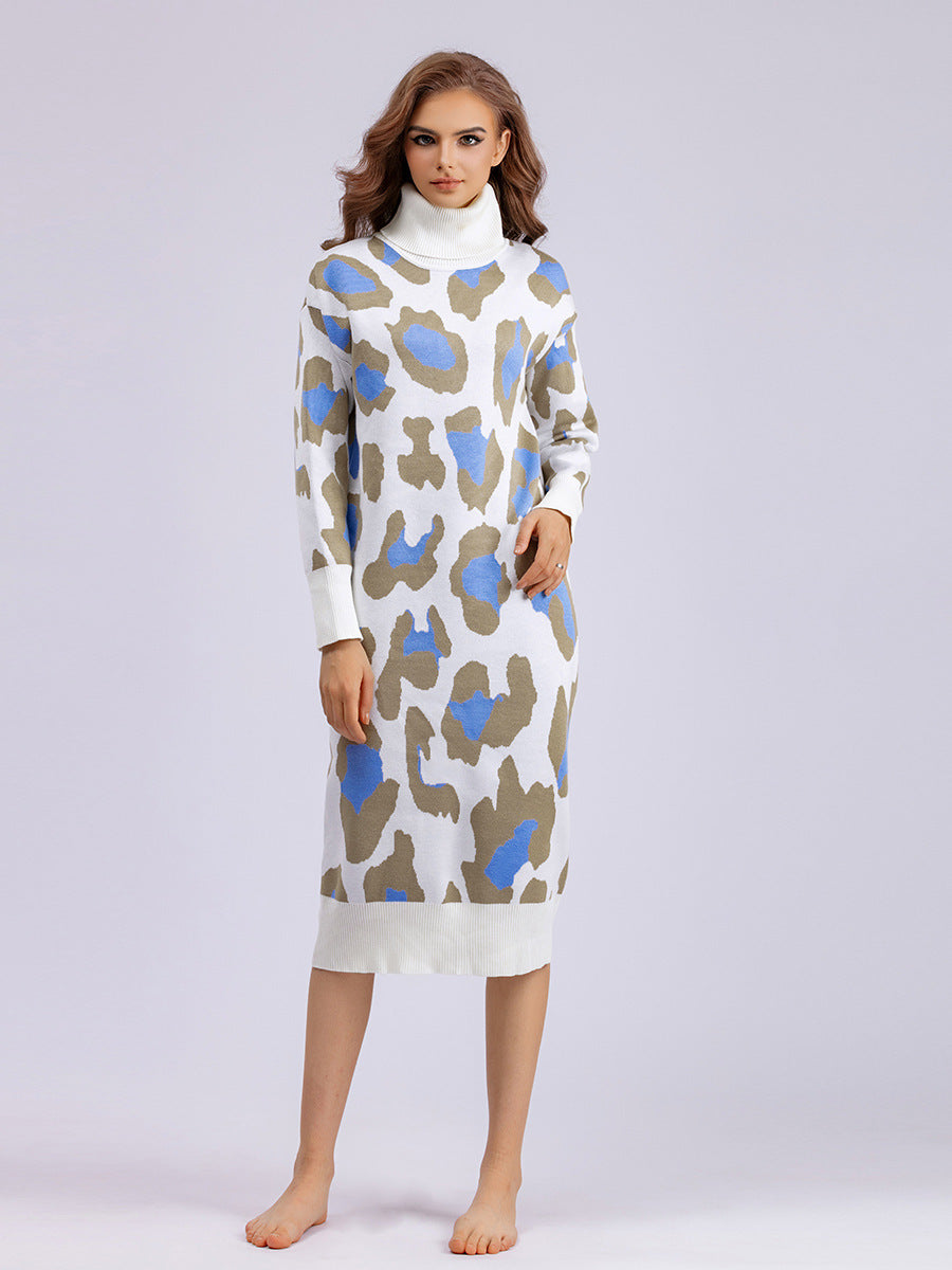 Damen Kleid Modisches Leopardenmuster Rollkragenpullover Gestricktes langes Kleid
