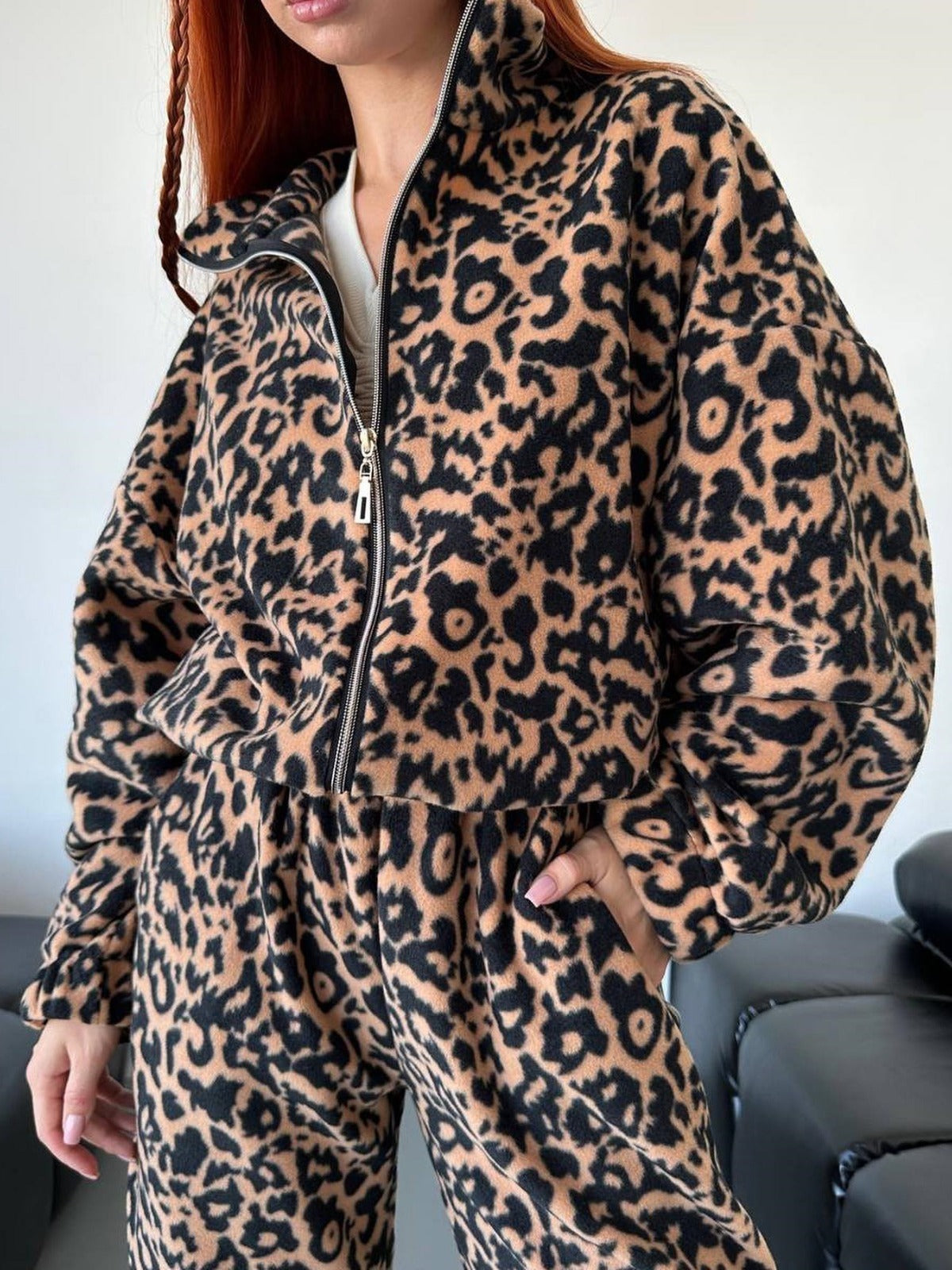 Damenmode Lose Leopard Print Zipper Pullover Anzug