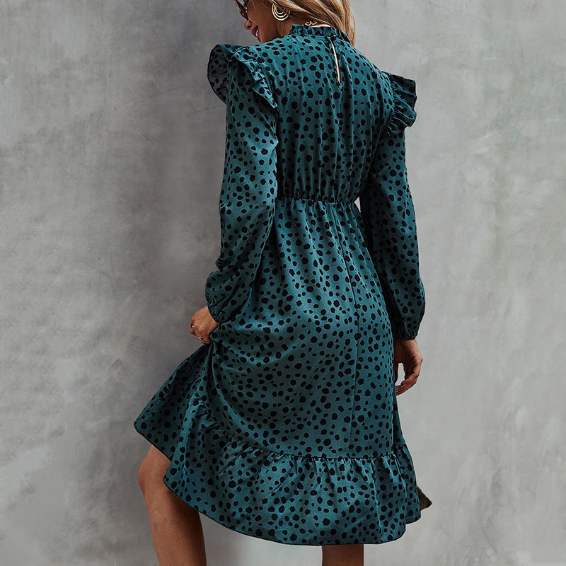 European And American Fashion Leopard Print High Waist Long Sleeve Casual Dress