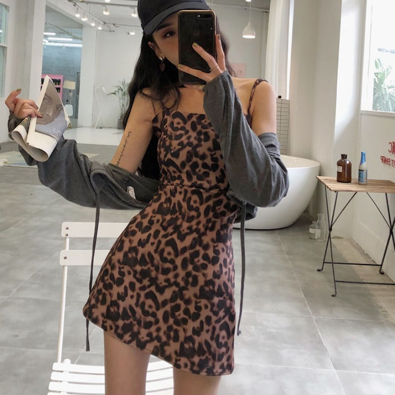 A-Line Skirt Temperament Leopard Print Fashion Strap Dress