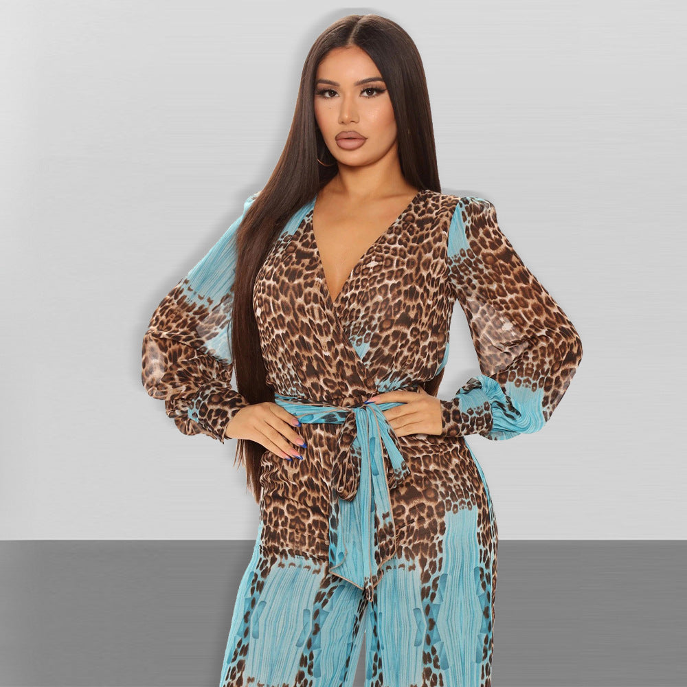 Sexy Leopard Belt Fashion Digital Printing Long V-neck Chiffon Jumpsuit
